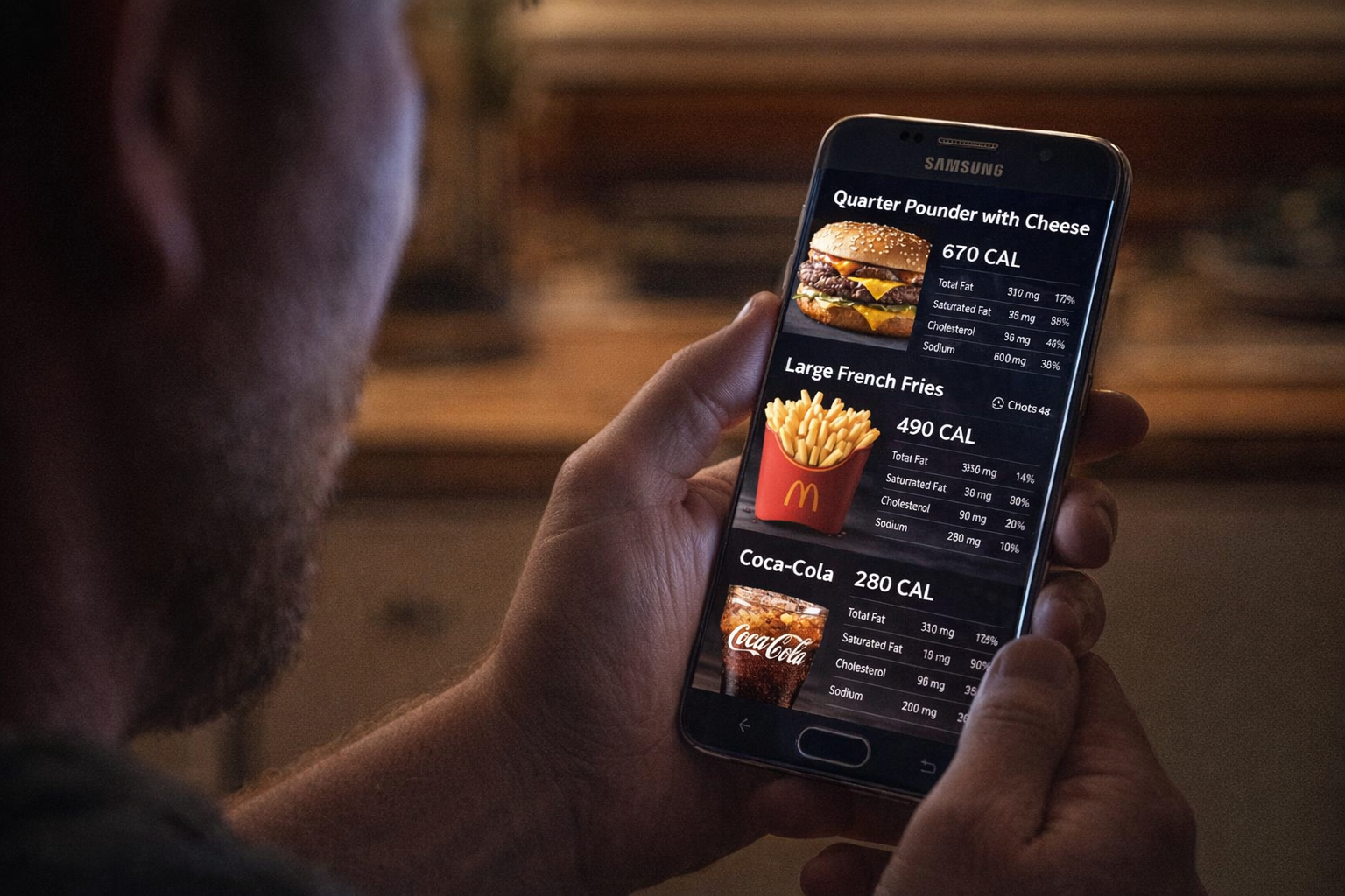 A person looking at a fast food menu on their smartphone, close up shot of the screen displaying nutritional information, soft light from the phone screen illuminating the face